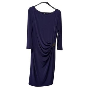 Tahari Arthur‎ S. Levine Navy Blue Ruched Sheath Dress with Gold Buckle Size 10